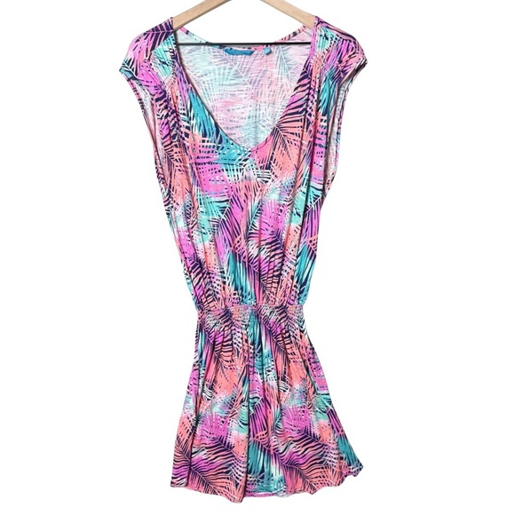 Tori Richard Womens Colorful Tropical Palm Leaf Print Swim Coverup Mini Dress M - Picture 1 of 13